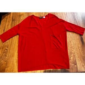 Kerisma Red V Neck Knit Top M/L 3/4 Sleeve Pocket Soft Sweater Blouse Valentines